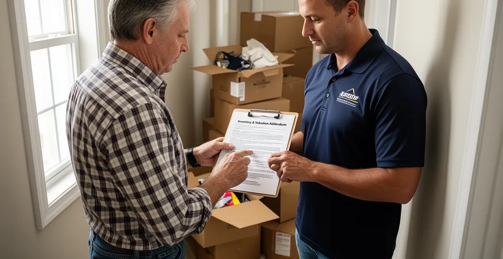 Client et déménageur consultant ensemble un devis dans une entrée de maison