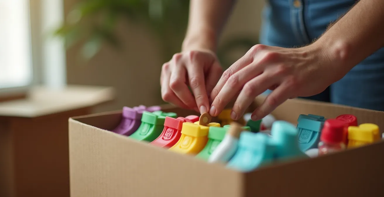 Gros plan sur des mains organisant méthodiquement des objets dans un carton avec étiquettes colorées