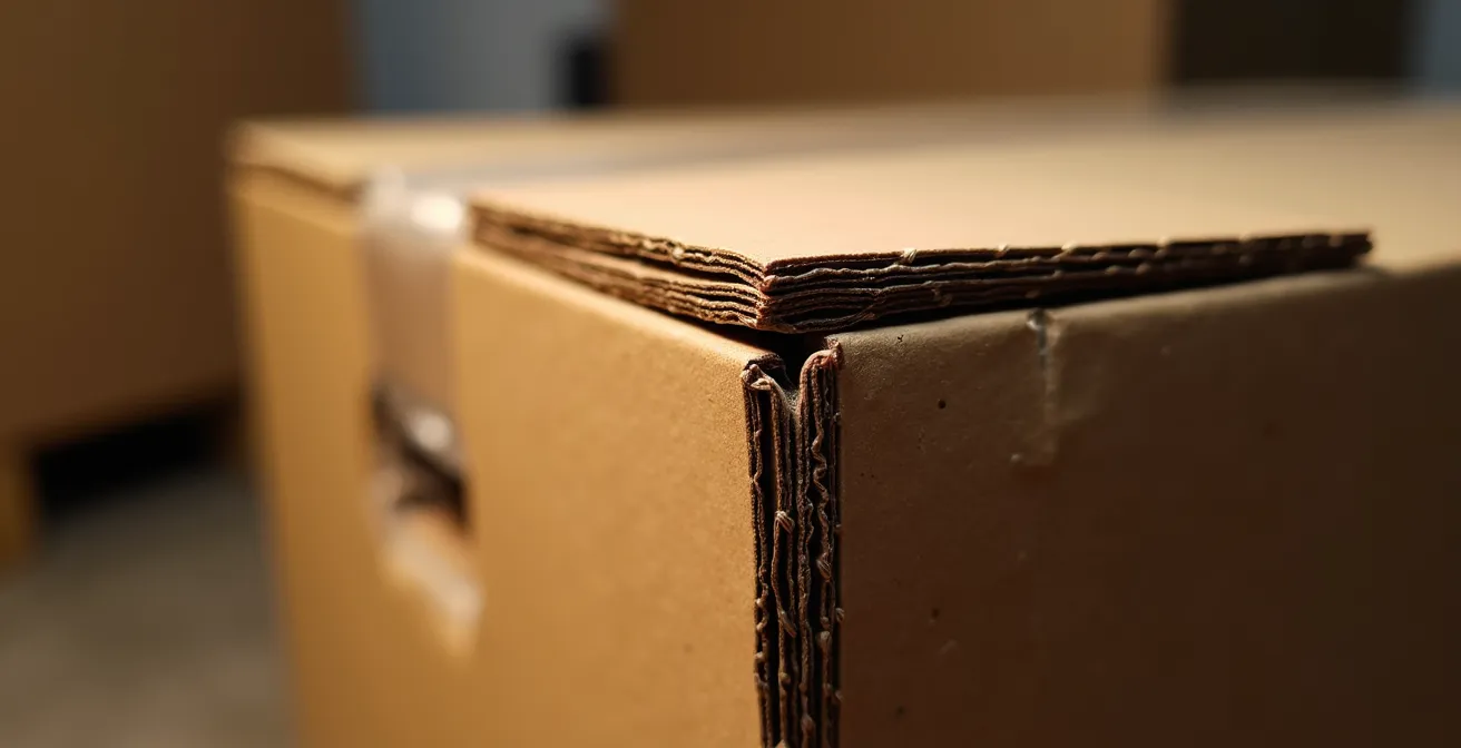 Vue macro détaillée de textures de cartons empilés avec jeu d'ombres et lumières