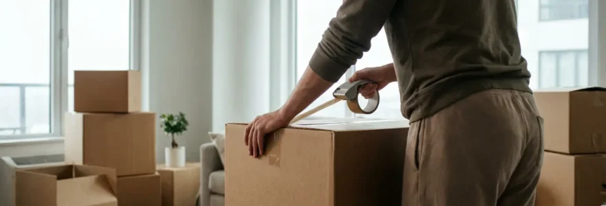 Préparation déménagement avec cartons empilés dans salon lumineux