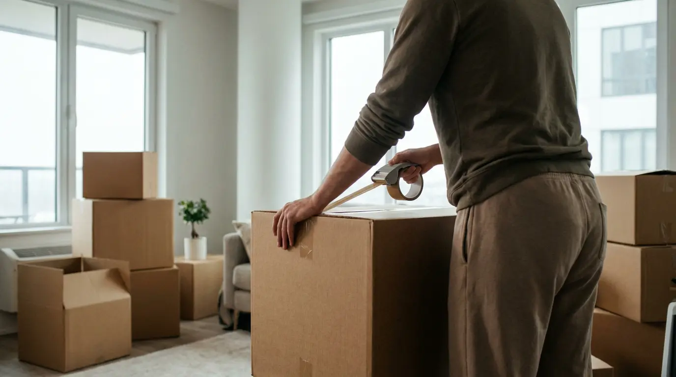 Préparation déménagement avec cartons empilés dans salon lumineux