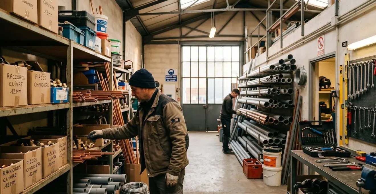Atelier d'une petite entreprise de plomberie à Lyon avec stock de matériel professionnel encombrant l'espace de travail, deux collaborateurs organisant des pièces détachées sur des rayonnages métalliques dans un environnement de zone industrielle lyonnaise.