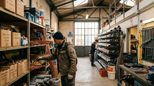 Atelier d'une petite entreprise de plomberie à Lyon avec stock de matériel professionnel encombrant l'espace de travail, deux collaborateurs organisant des pièces détachées sur des rayonnages métalliques dans un environnement de zone industrielle lyonnaise.