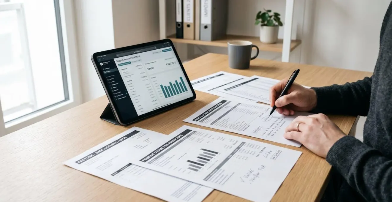 Bureau avec documents comptables et calculatrice : un professionnel analyse les coûts de stockage et charges d'exploitation de son entreprise lyonnaise.