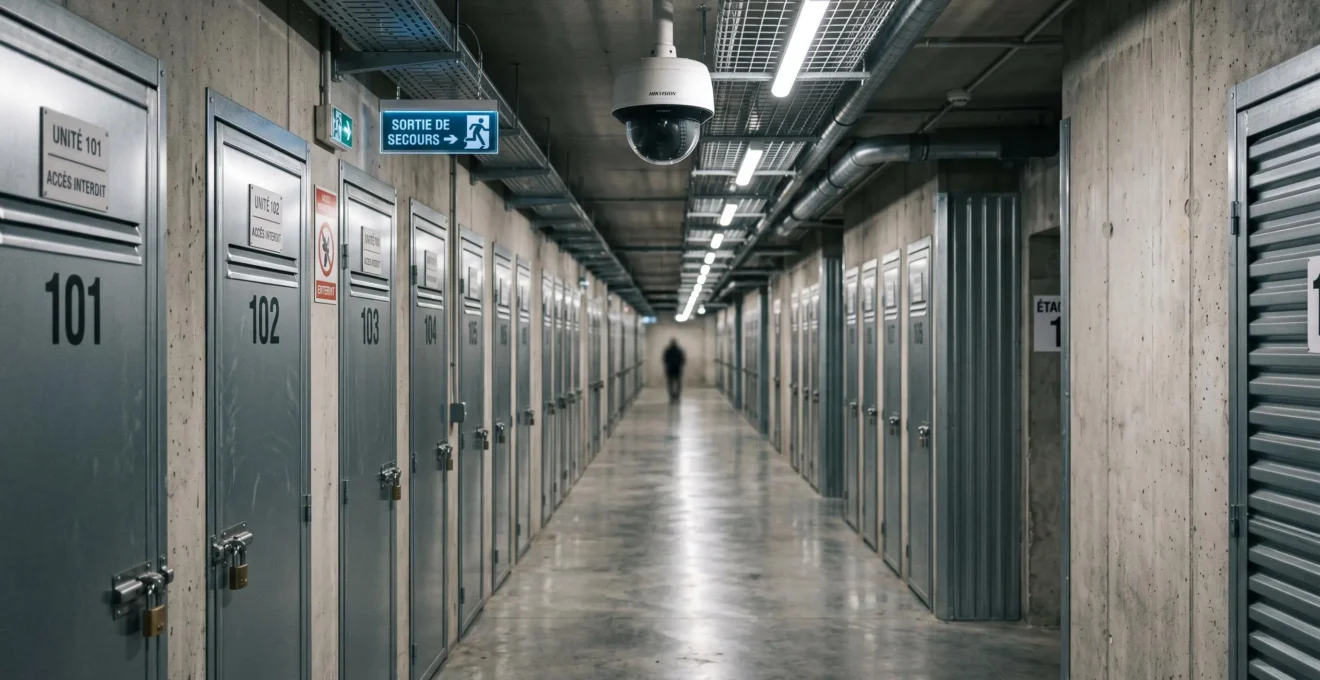 Couloir sécurisé d'un centre de self-stockage avec portes métalliques numérotées, caméra de vidéosurveillance visible au plafond et signalétique de sécurité, éclairage LED industriel.