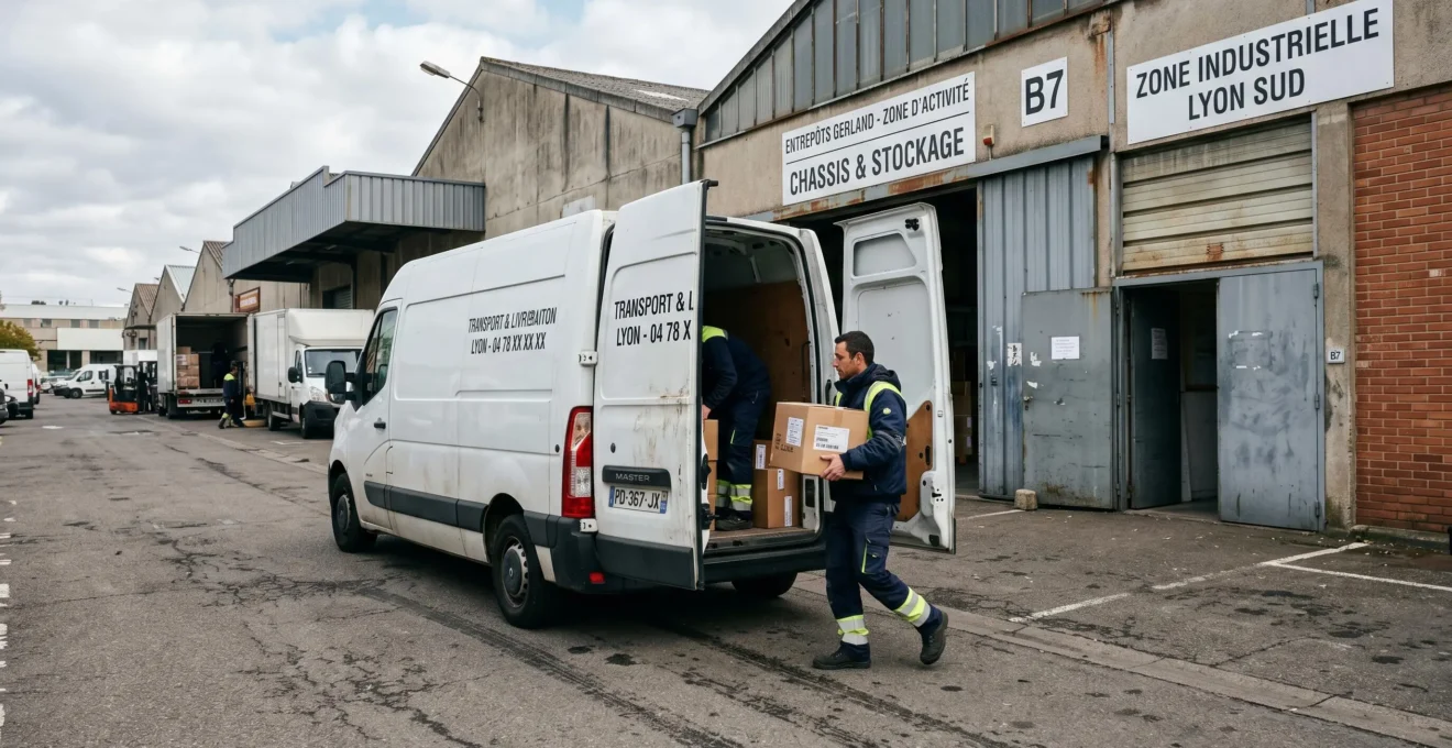 Professionnel chargeant du matériel dans un utilitaire devant un bâtiment de zone d'activité à Lyon, illustrant l'accessibilité logistique quotidienne pour les entreprises locales.