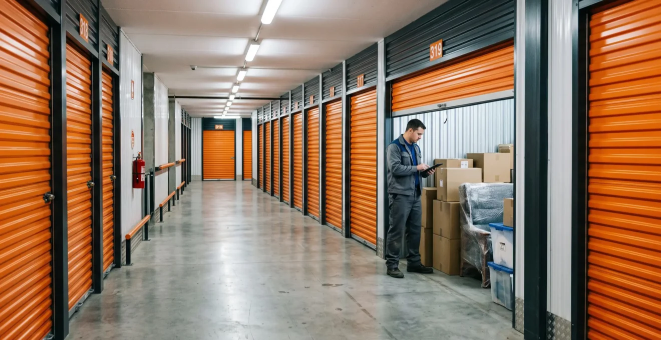 Couloir d'un garde-meubles professionnel avec des box de stockage numérotés de chaque côté, un professionnel accédant à l'une des unités à porte métallique.