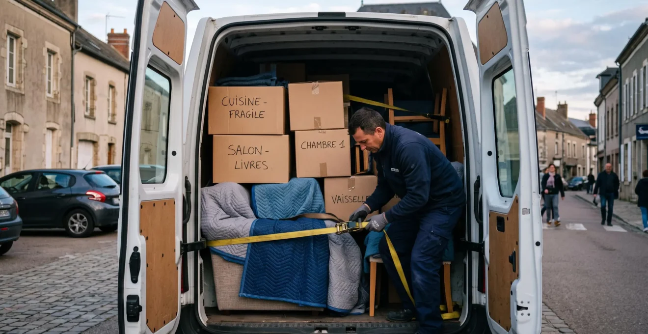 Vue depuis l'extérieur vers l'intérieur d'un camion de déménagement montrant des meubles protégés par des couvertures et des cartons organisés, un déménageur sécurisant le chargement avec des sangles.