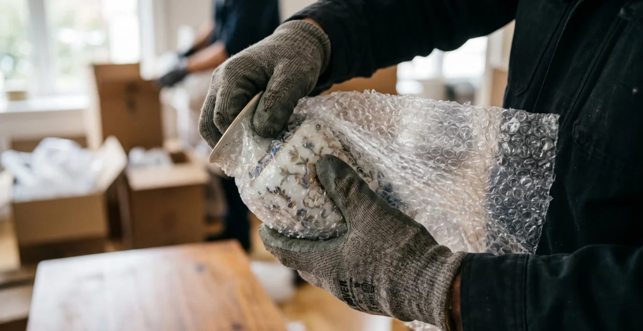 Gros plan sur les mains gantées d'un déménageur professionnel enveloppant minutieusement un vase en céramique avec du film à bulles.